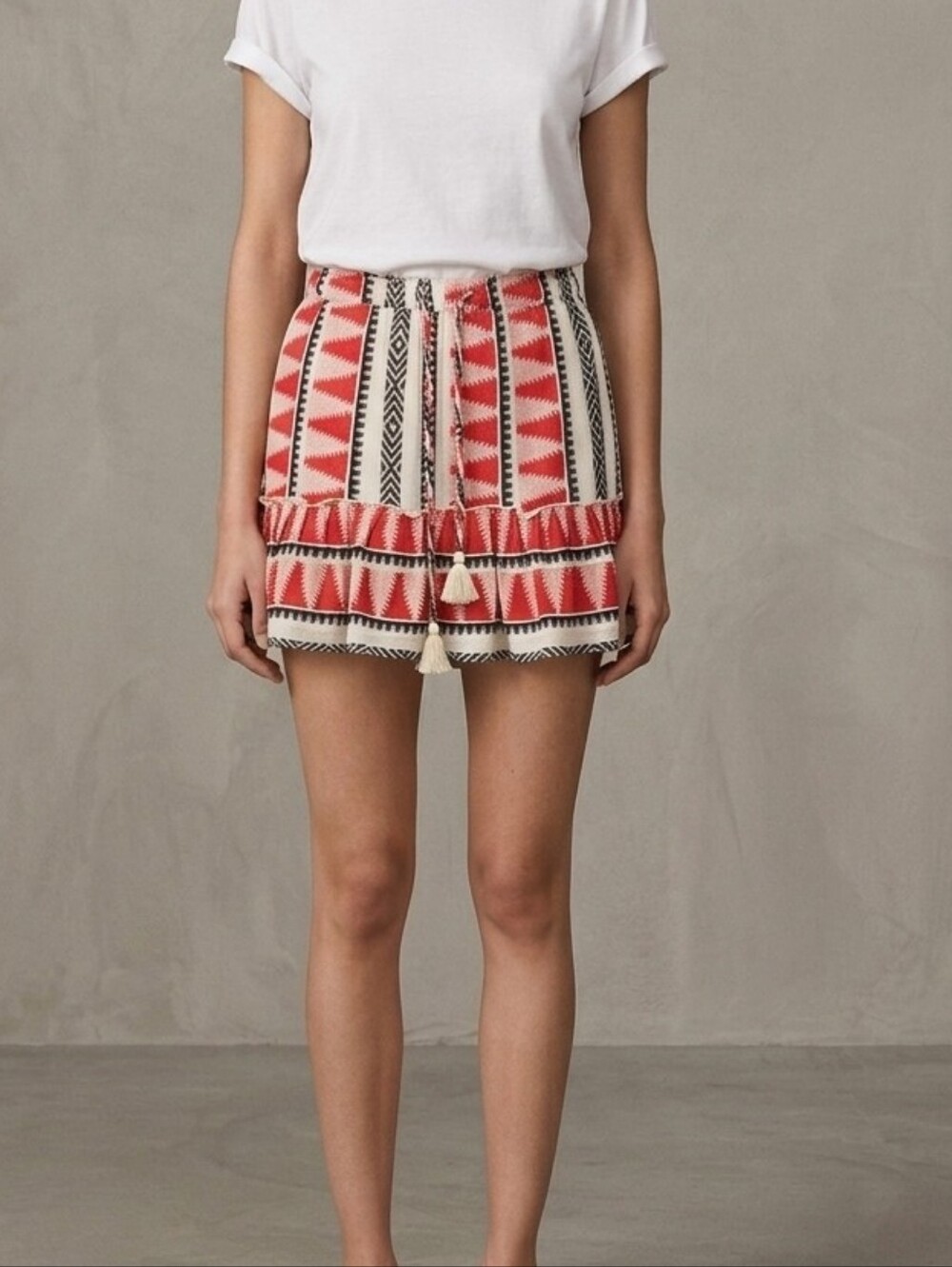 Boho Red & White Tribal Print Ruffle Mini Skirt Size S
